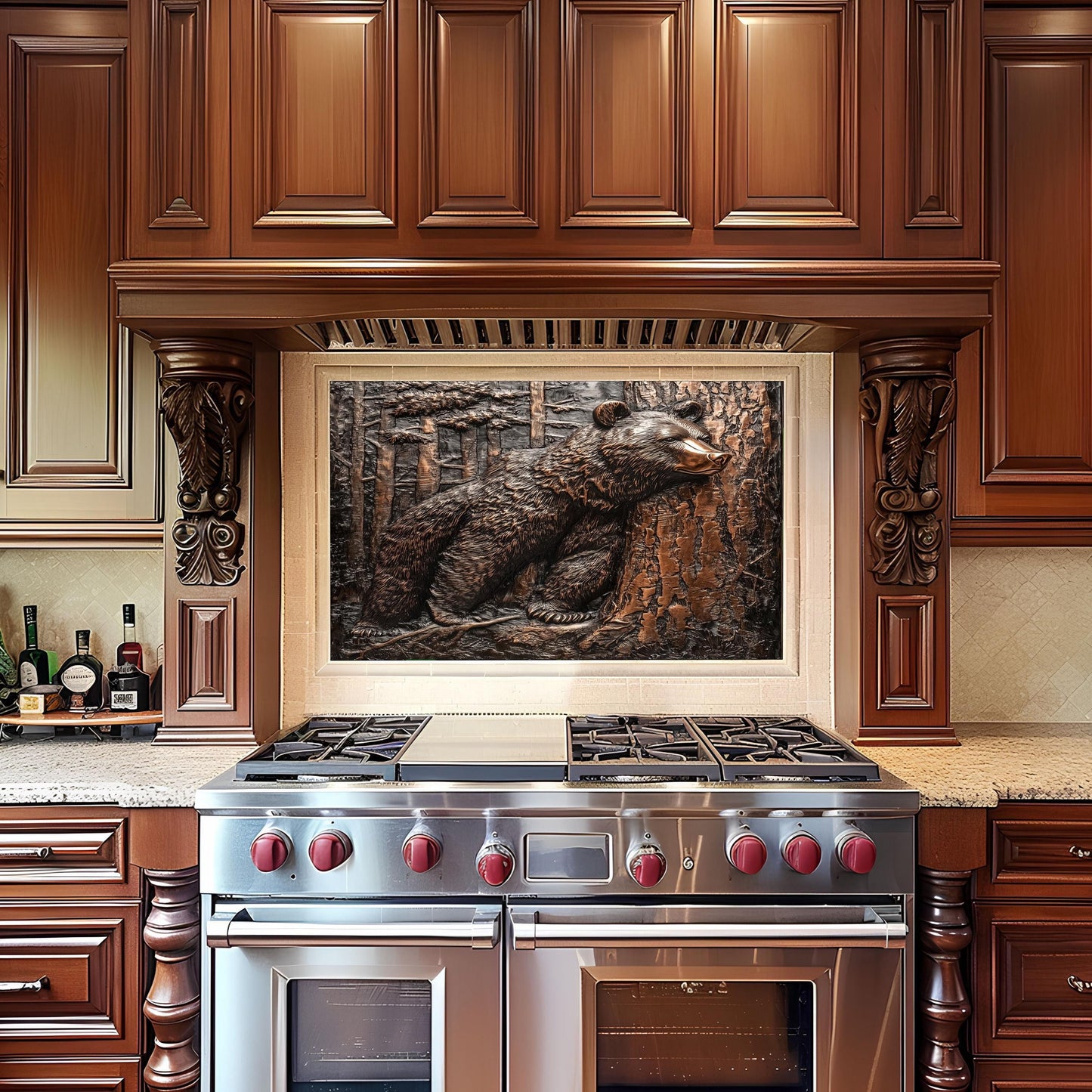 rustic copper bear design backsplash on tempered glass