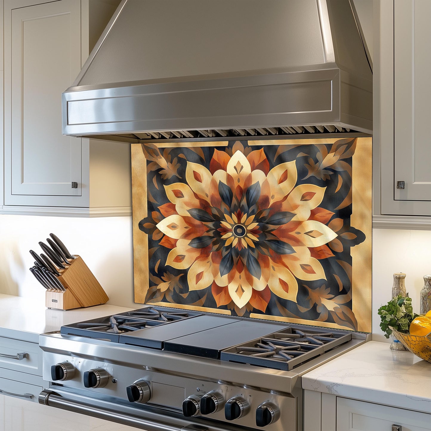 Moroccan Style Glass Backsplash, Blue Geometric Stove Guard, Heat Resistant Easy Clean Kitchen Art