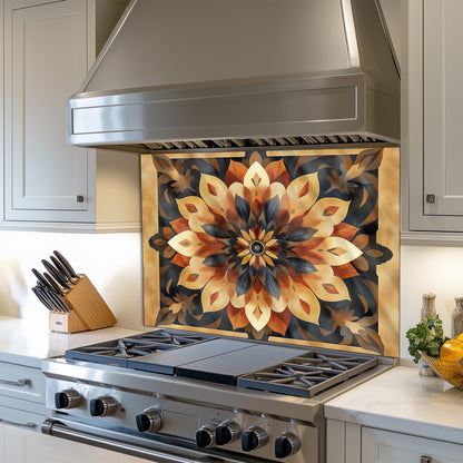 Moroccan Style Glass Backsplash, Blue Geometric Stove Guard, Heat Resistant Easy Clean Kitchen Art