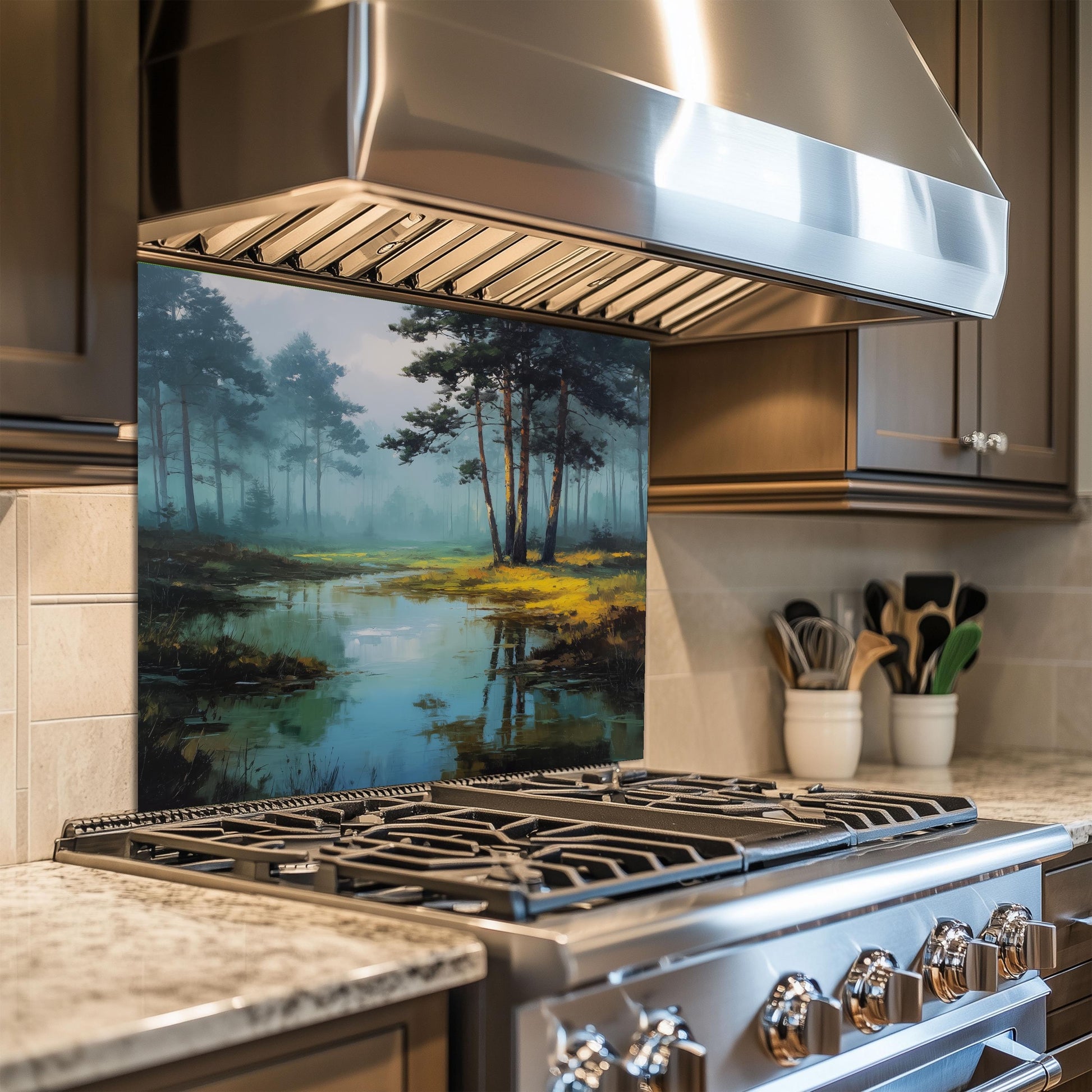 Forest Lake Tempered Glass Backsplash - Misty Woodland Kitchen Splashback