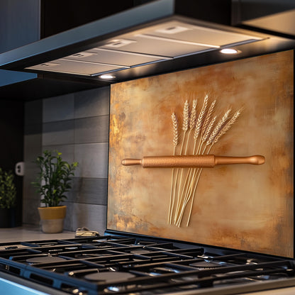 Tempered glass kitchen backsplash featuring wheat and rolling pin design. Perfect for rustic or farmhouse-style kitchens, this easy-to-clean wall protector is heat-resistant, adding both charm and practicality behind your stove.