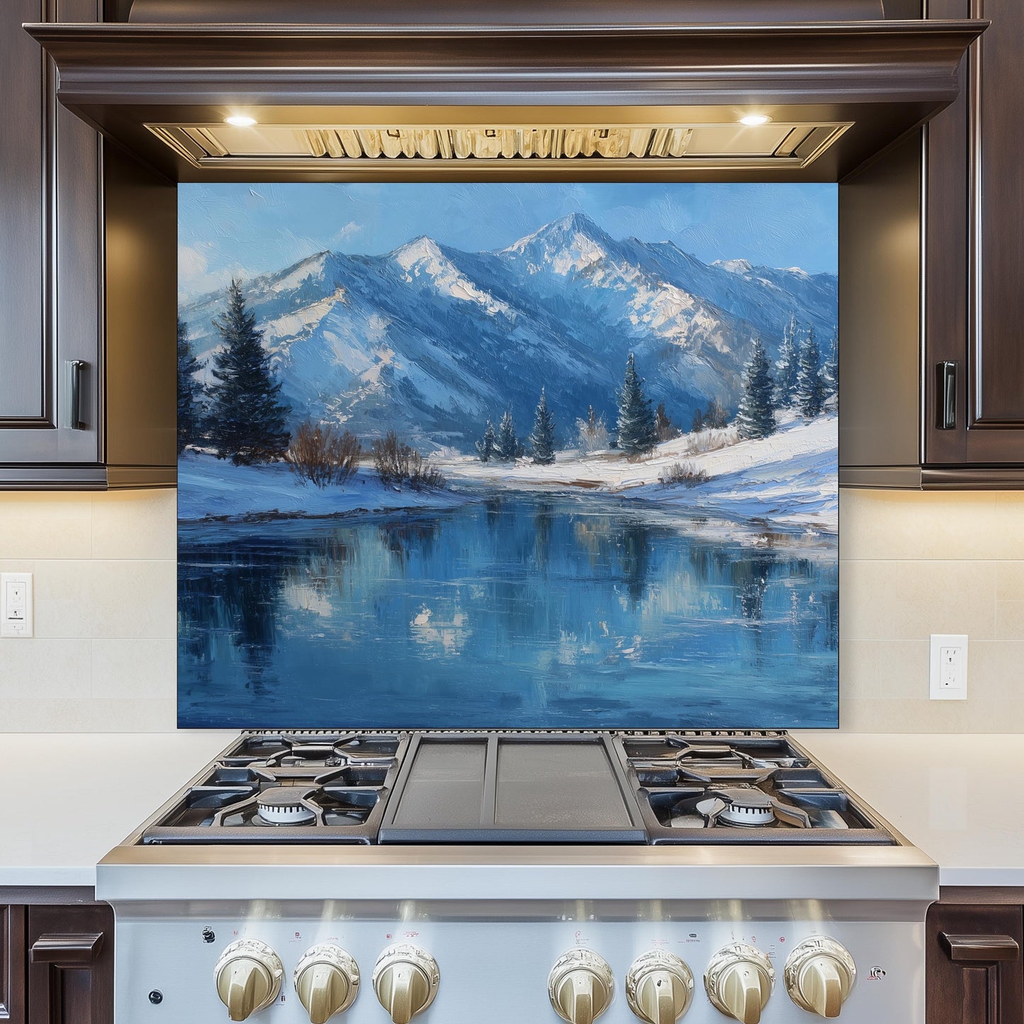 Winter Mountain Lake Glass Backsplash, Scenic Nature Stove Guard, Heat Resistant Easy Clean Art