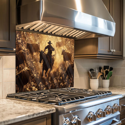 Cowboy Tempered Glass Stove Backsplash: Durable Kitchen Wall Art