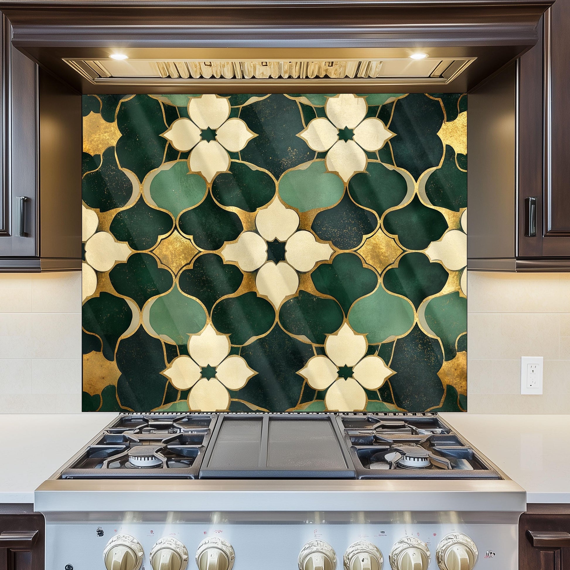 Moroccan Style Glass Backsplash, Ornate Geometric Stove Guard, Heat Resistant Easy Clean Art
