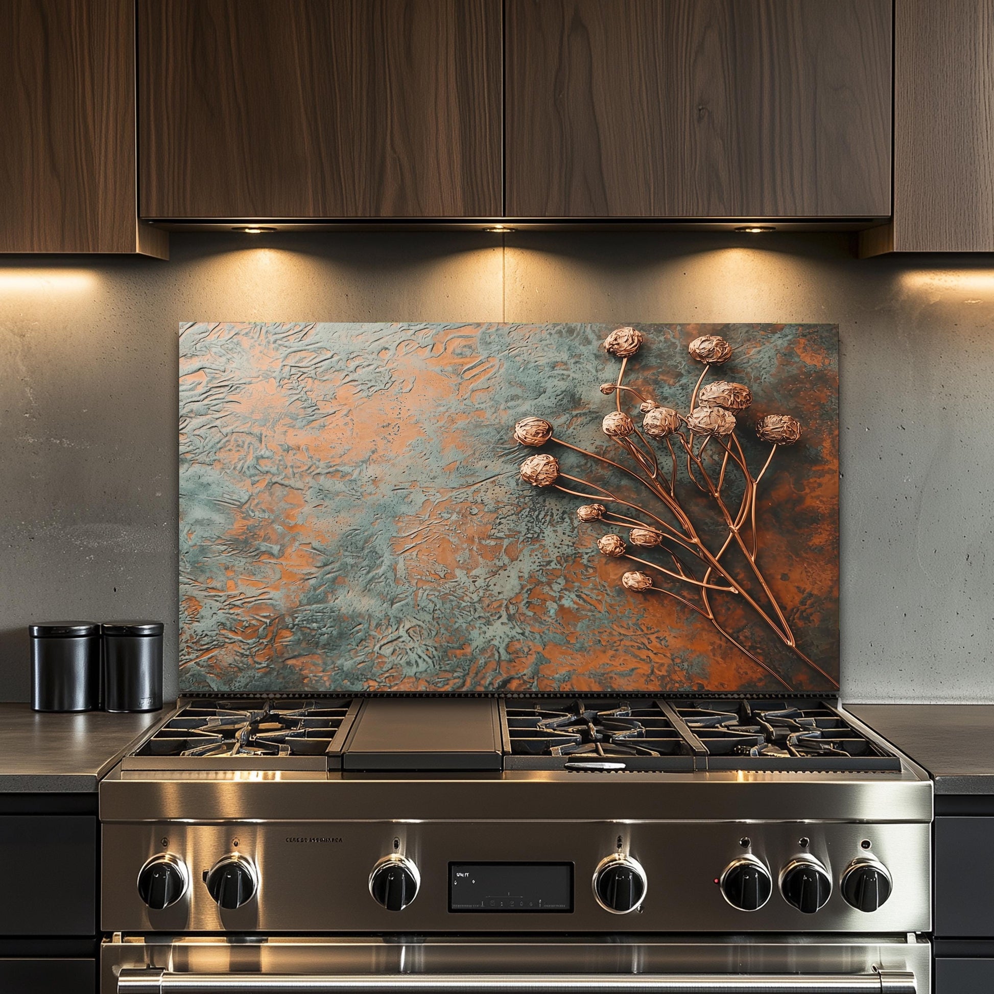 Floral Copper-Effect Tempered Glass Kitchen Backsplash: Rustic Heron Design