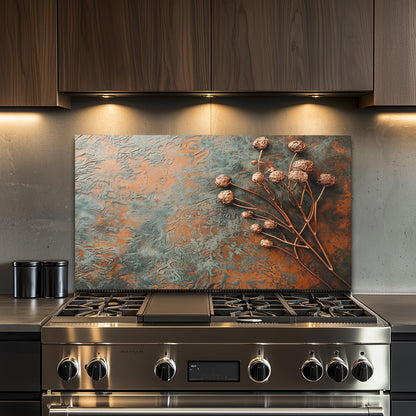 Floral Copper-Effect Tempered Glass Kitchen Backsplash: Rustic Heron Design
