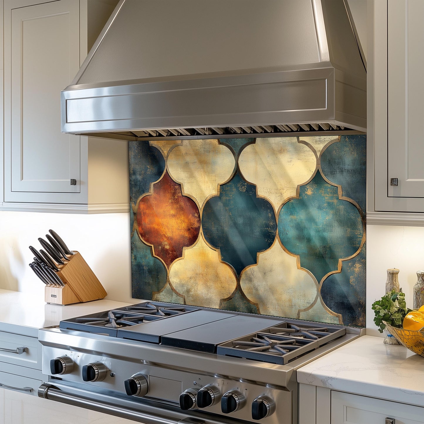 Moroccan Style Glass Backsplash, Blue Geometric Stove Guard, Heat Resistant Easy Clean Kitchen Art