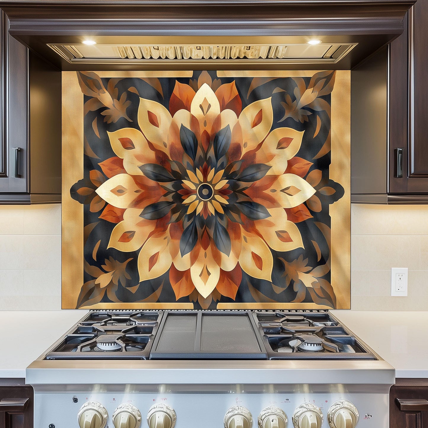 Moroccan Style Glass Backsplash, Blue Geometric Stove Guard, Heat Resistant Easy Clean Kitchen Art
