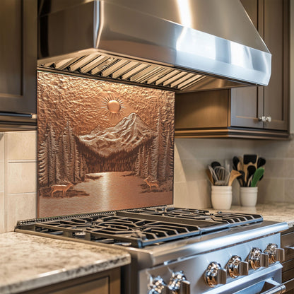 Tempered glass kitchen backsplash, mountain and deer copper design, heat-resistant wall protector, easy clean stove wall protector, rustic kitchen art, nature-inspired wall decor