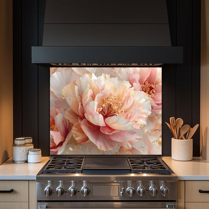 Blush Peony Glass Backsplash, Floral Pink Stove Guard, Heat Resistant Easy Clean Kitchen Art