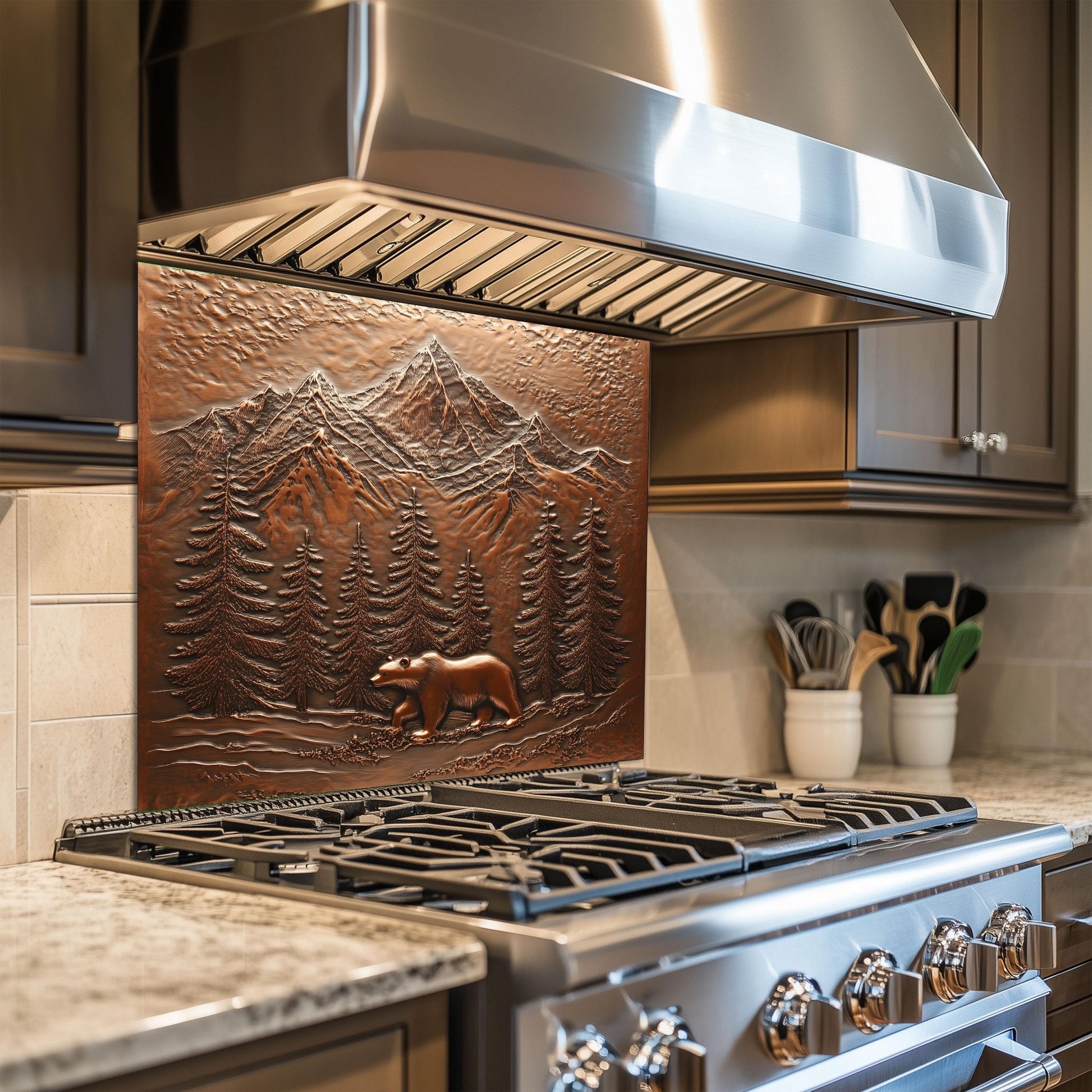 Tempered glass kitchen backsplash, bear and mountain copper design, heat-resistant wall protector, easy clean stove wall protector, rustic kitchen art, nature-inspired wall decor