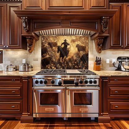 Cowboy Tempered Glass Stove Backsplash: Durable Kitchen Wall Art