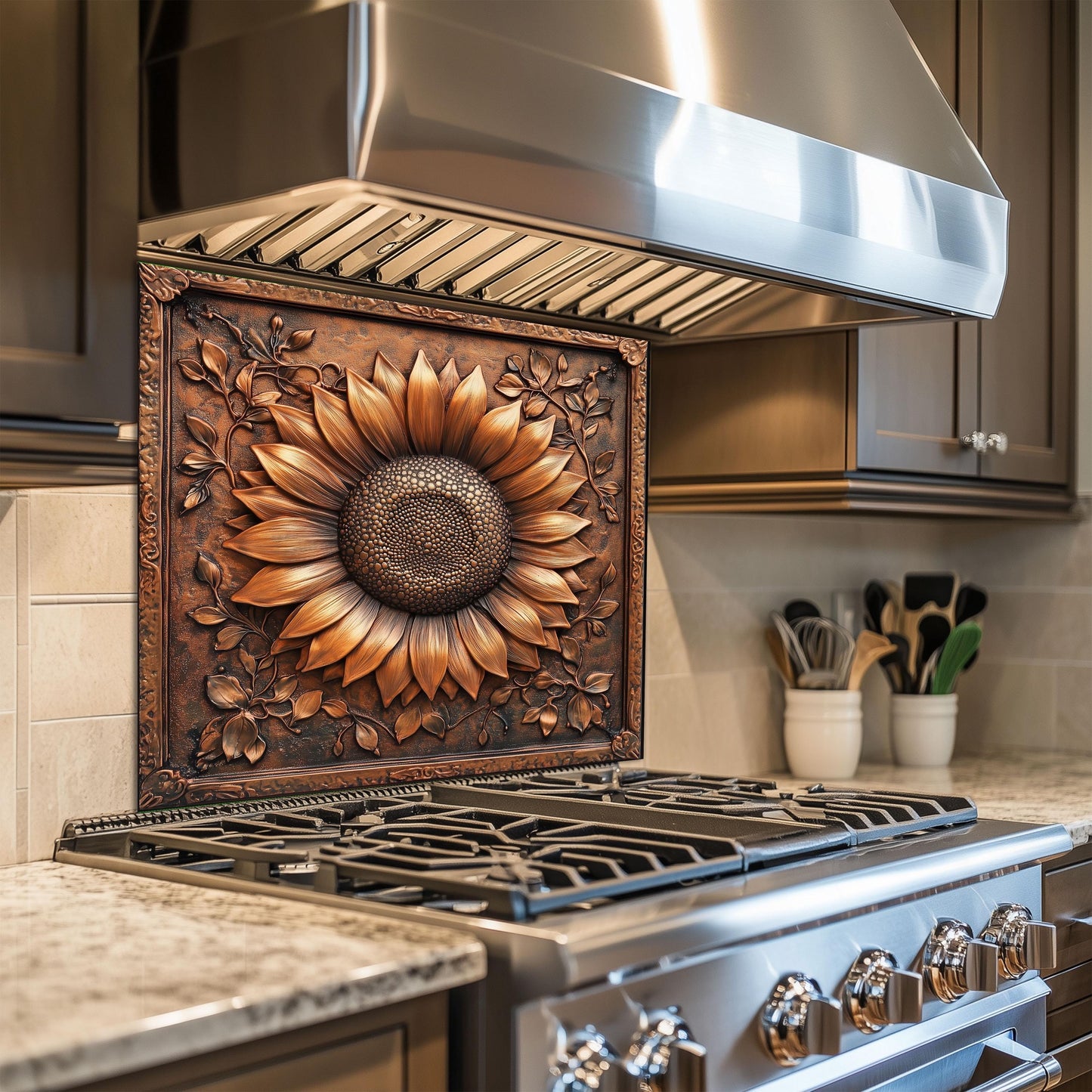 Copper sunflower backsplash, tempered glass kitchen panel, heat-resistant splashback, easy to clean, stove wall protector, artistic wall art, modern kitchen accent, stylish backsplash, rustic floral decor