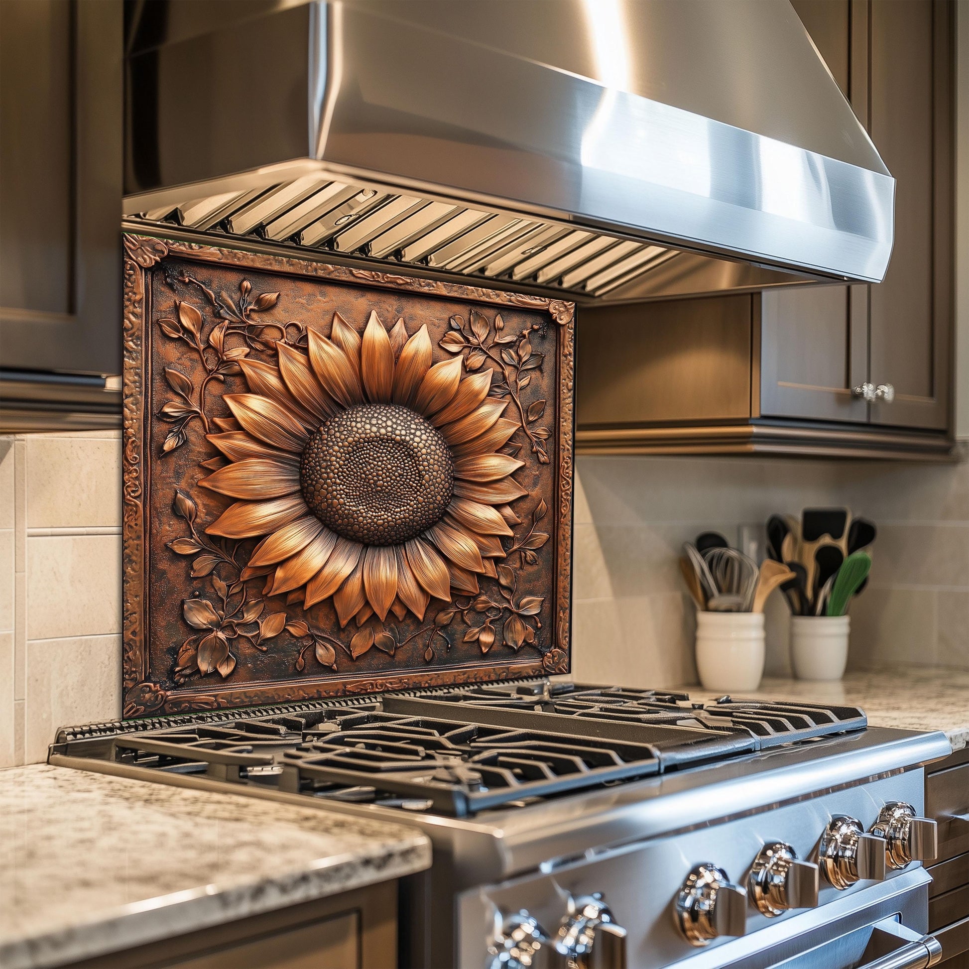 Copper sunflower backsplash, tempered glass kitchen panel, heat-resistant splashback, easy to clean, stove wall protector, artistic wall art, modern kitchen accent, stylish backsplash, rustic floral decor