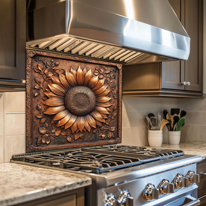 Copper sunflower backsplash, tempered glass kitchen panel, heat-resistant splashback, easy to clean, stove wall protector, artistic wall art, modern kitchen accent, stylish backsplash, rustic floral decor