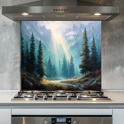 Mountain Sunrise Tempered Glass Backsplash: Rustic Kitchen Wall Art