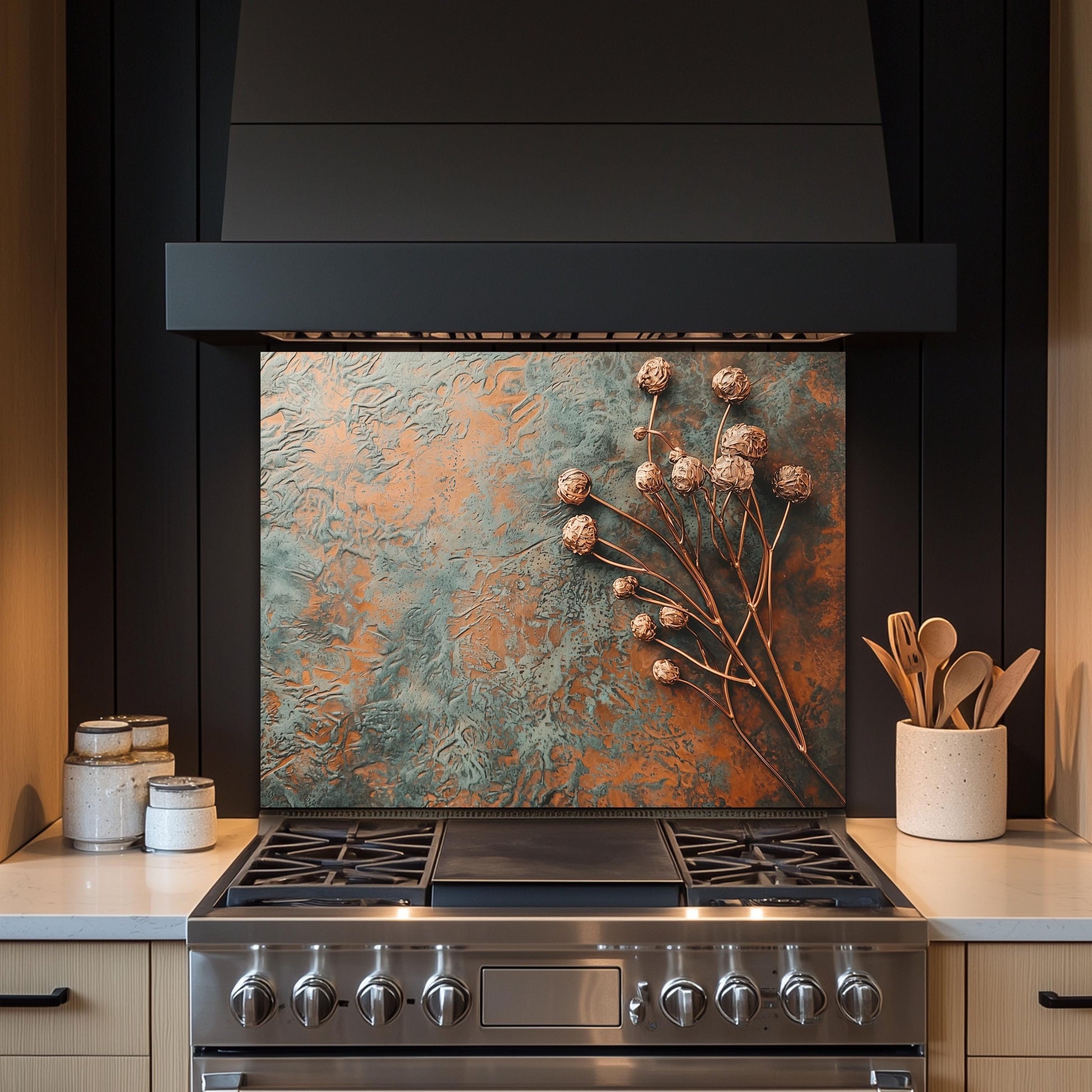 Floral Copper-Effect Tempered Glass Kitchen Backsplash: Rustic Heron Design