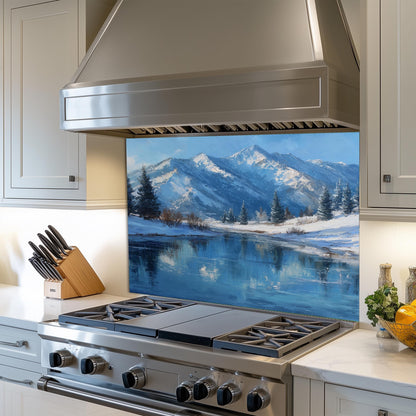 Winter Mountain Lake Glass Backsplash, Scenic Nature Stove Guard, Heat Resistant Easy Clean Art