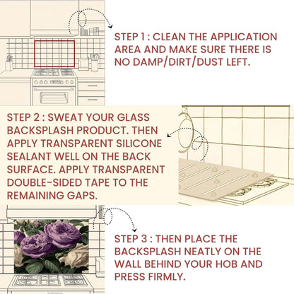 Vintage Purple Roses Glass Kitchen Backsplash - Botanical Floral Wall Art