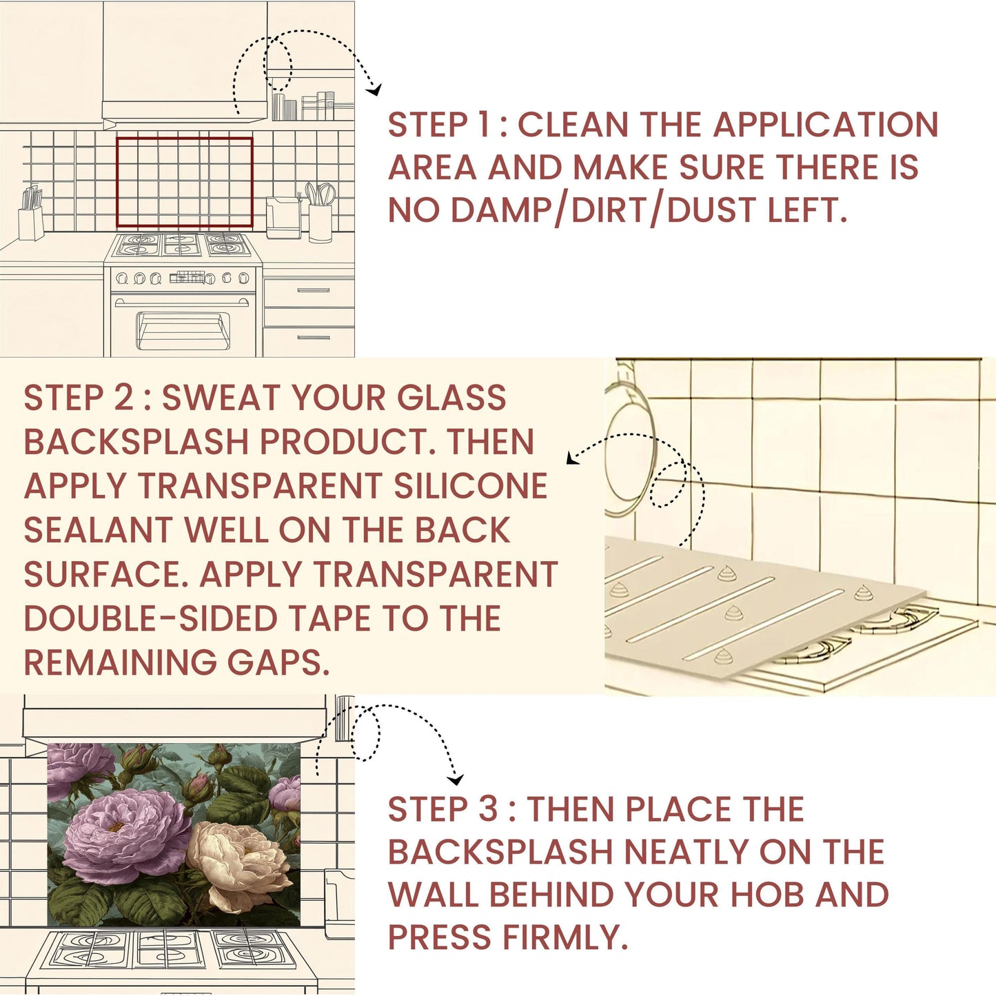 Vintage Pink Roses Kitchen Backsplash: Tempered Glass Floral Wall Panel