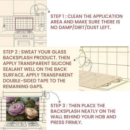 Vintage Pink Roses Kitchen Backsplash: Tempered Glass Floral Wall Panel