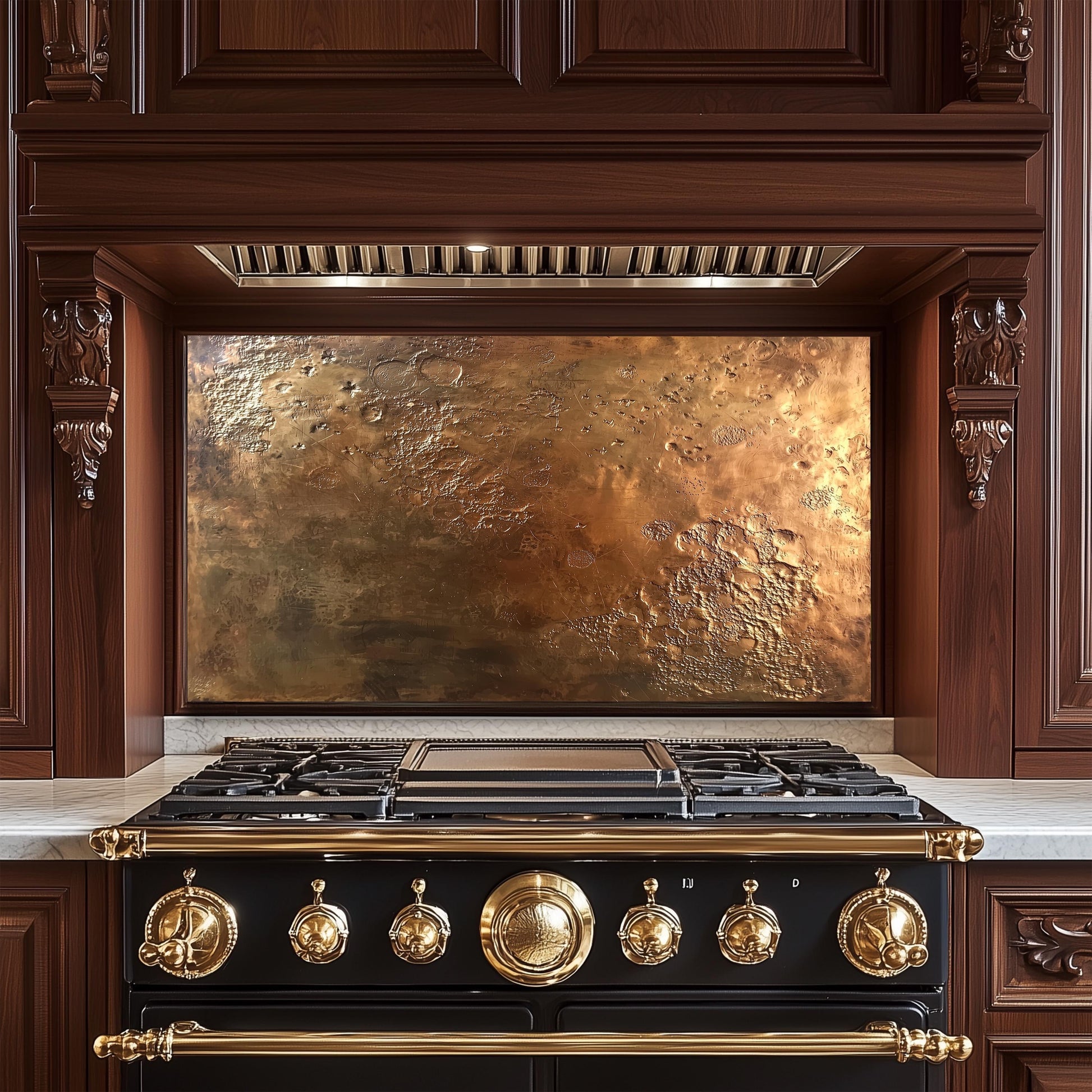 Textured Copper-Effect Glass Backsplash: Rustic Kitchen Decor