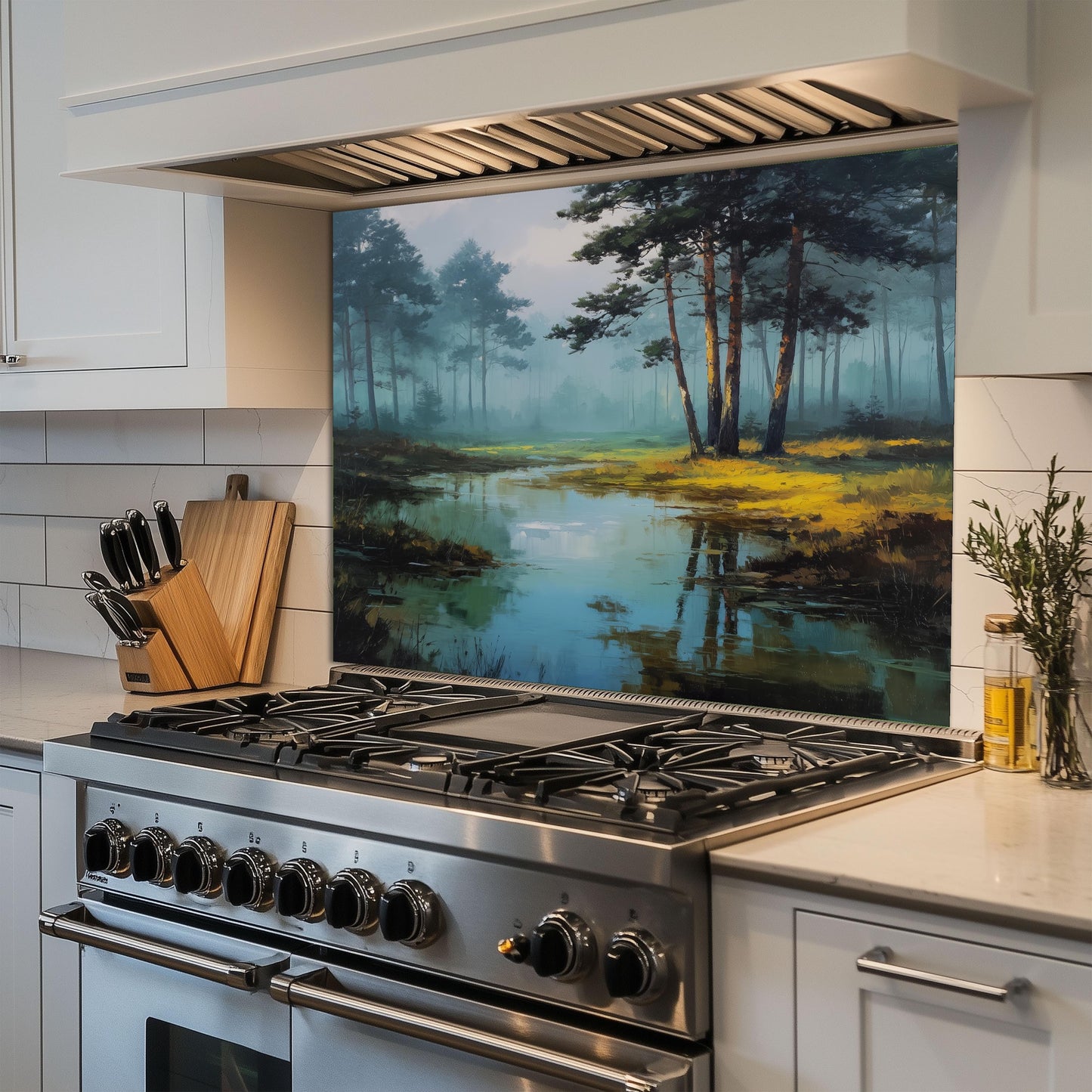 Forest Lake Tempered Glass Backsplash - Misty Woodland Kitchen Splashback