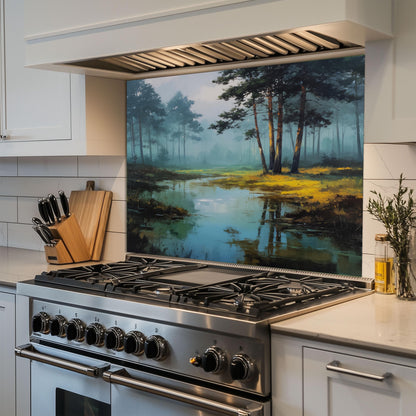 Forest Lake Tempered Glass Backsplash - Misty Woodland Kitchen Splashback