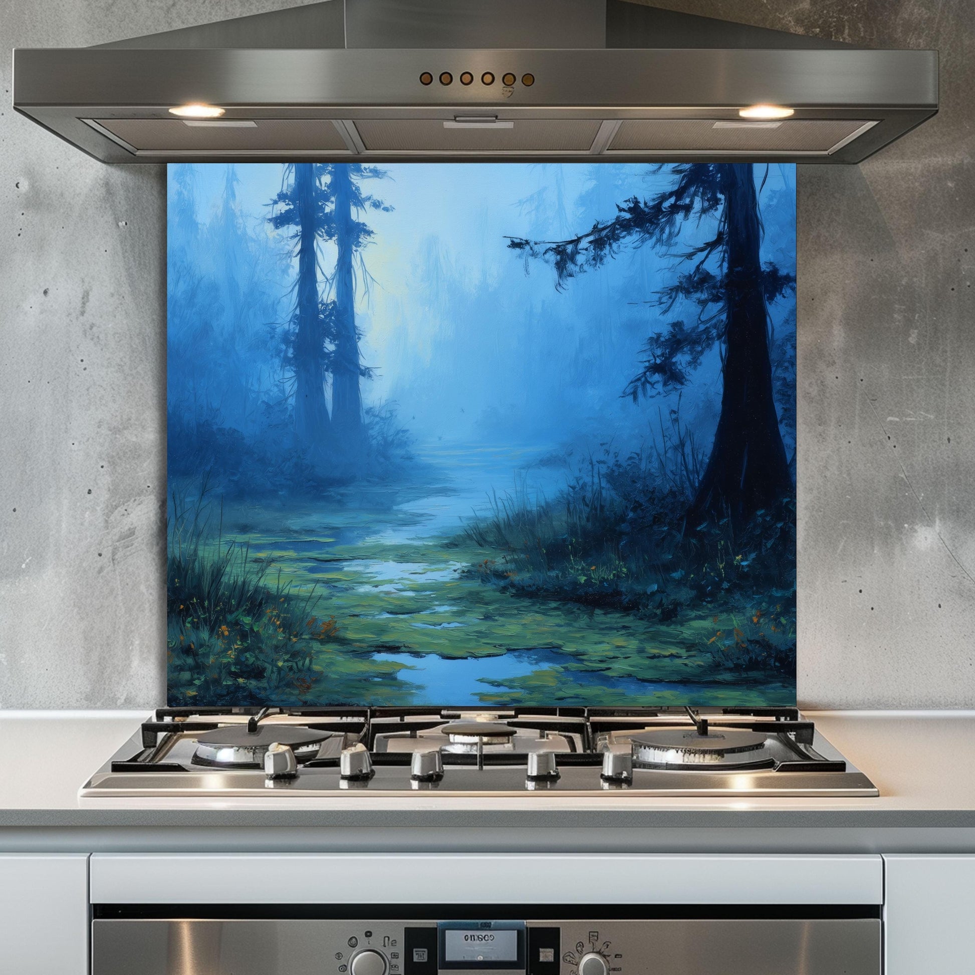 Blue Mist Swamp Glass Backsplash, Tranquil Wetland Stove Guard, Heat Resistant Kitchen Wall Art