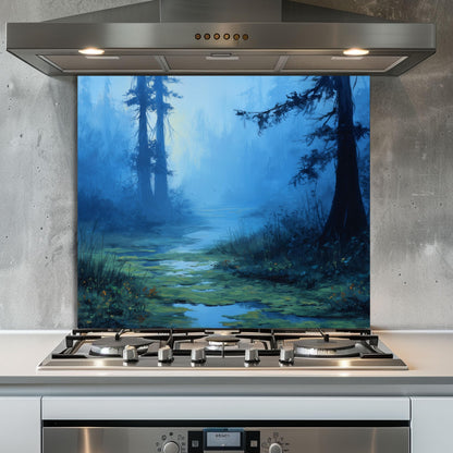 Blue Mist Swamp Glass Backsplash, Tranquil Wetland Stove Guard, Heat Resistant Kitchen Wall Art