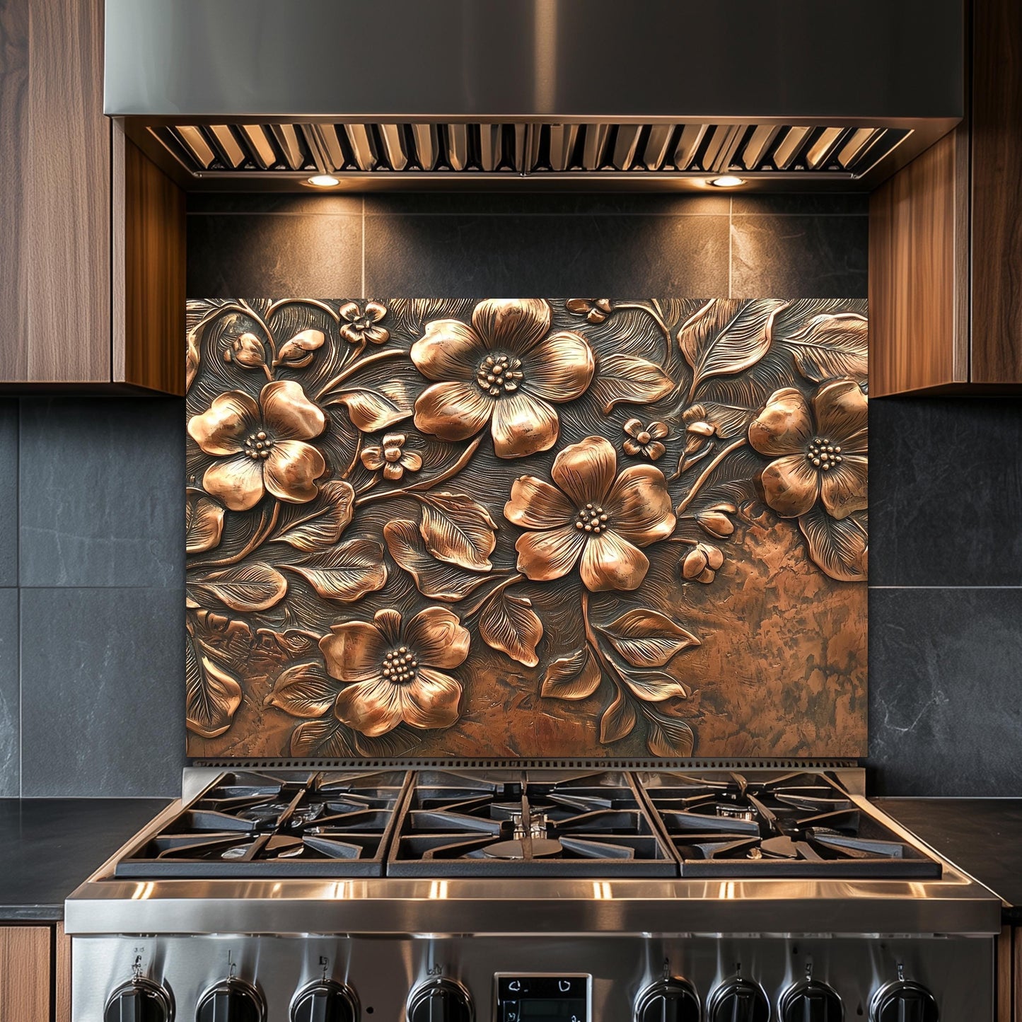 Floral Copper-Effect Tempered Glass Kitchen Backsplash