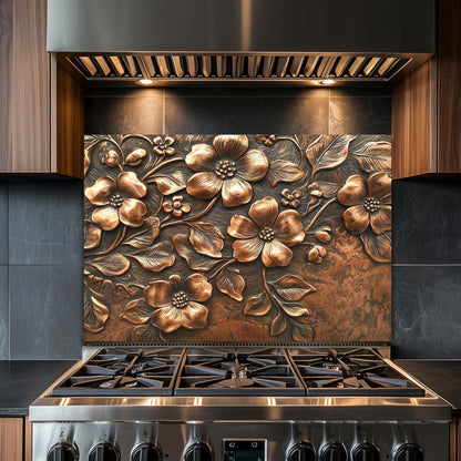 Floral Copper-Effect Tempered Glass Kitchen Backsplash
