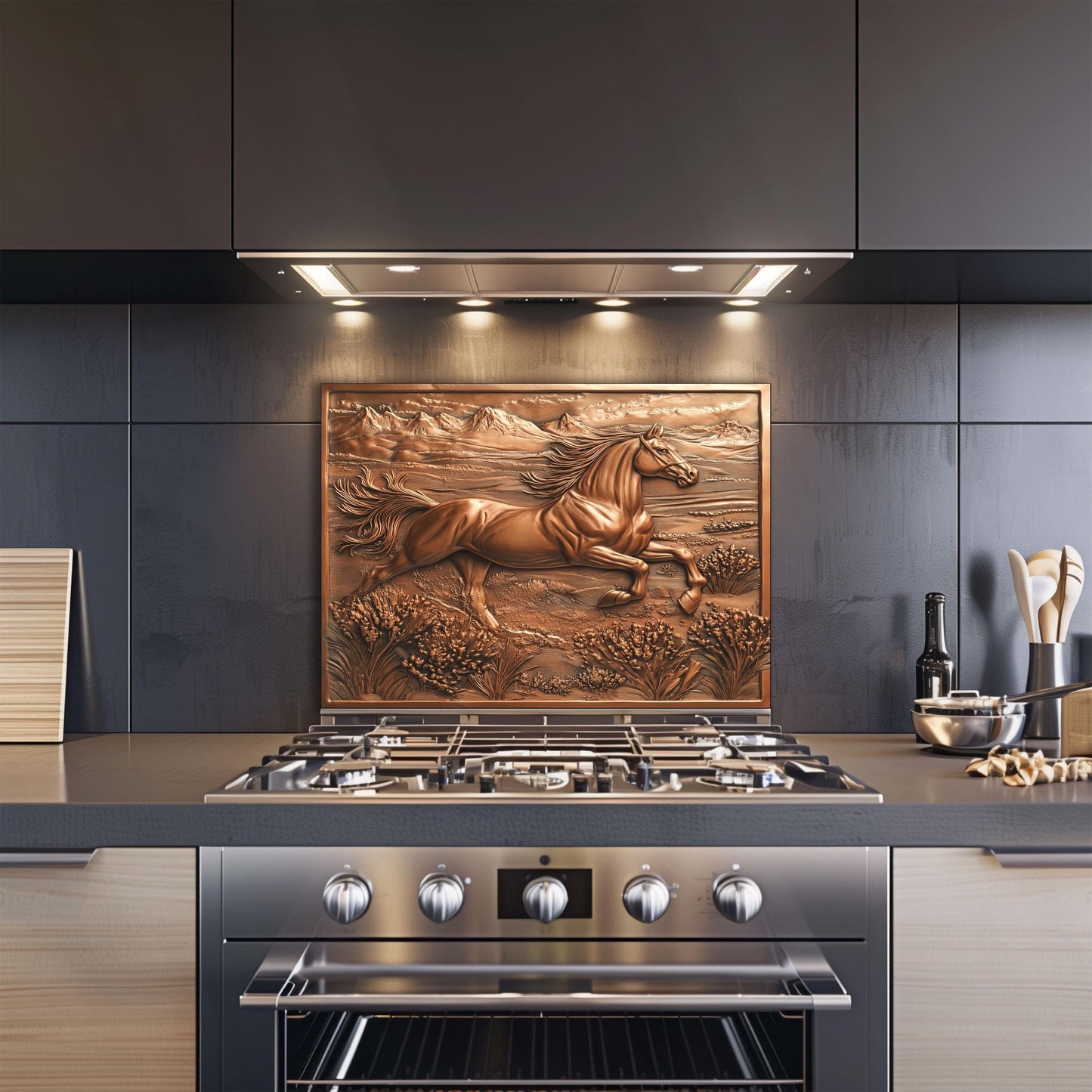 Western horse kitchen decor, heat-resistant tempered glass backsplash, rustic wall protector, copper effect backsplash, easy clean kitchen backsplash, horse design wall protector, stove backsplash