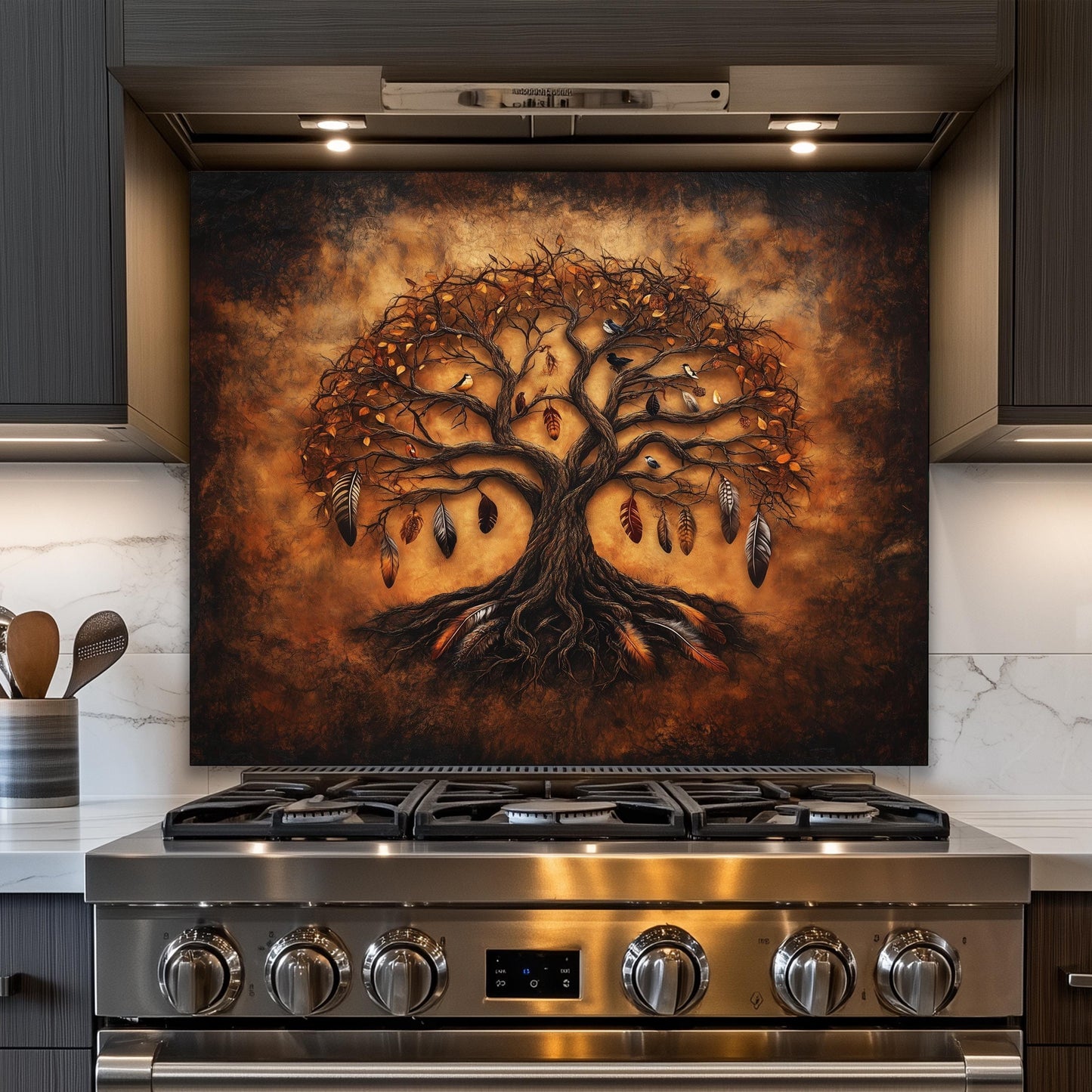 Tree of life tempered glass backsplash, feather design, heat-resistant wall panel, easy clean kitchen wall protector, artistic backsplash, stove wall art, boho kitchen decor, modern kitchen accent