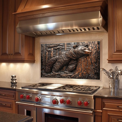 copper backsplash featuring bear in forest design