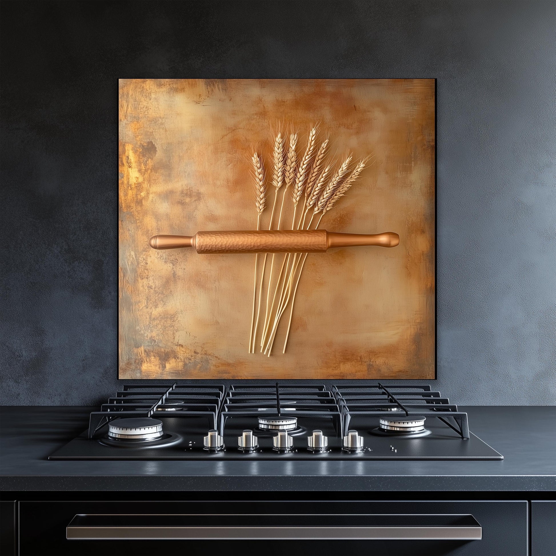Farmhouse kitchen decor tempered glass backsplash with wheat and rolling pin design. This heat-resistant wall protector offers easy cleaning and rustic elegance, perfect for adding a touch of charm and durability to vintage-inspired cooking spaces.