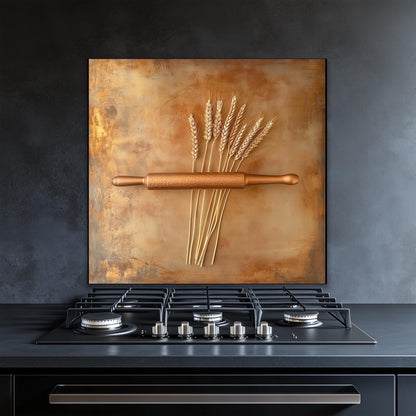 Farmhouse kitchen decor tempered glass backsplash with wheat and rolling pin design. This heat-resistant wall protector offers easy cleaning and rustic elegance, perfect for adding a touch of charm and durability to vintage-inspired cooking spaces.