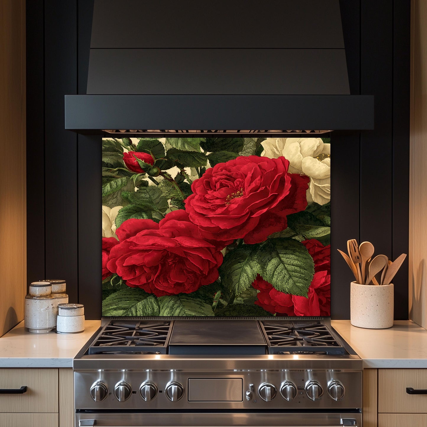Red Rose Glass Backsplash, Vintage Botanical Stove Guard, Heat Resistant Easy Clean Kitchen Art