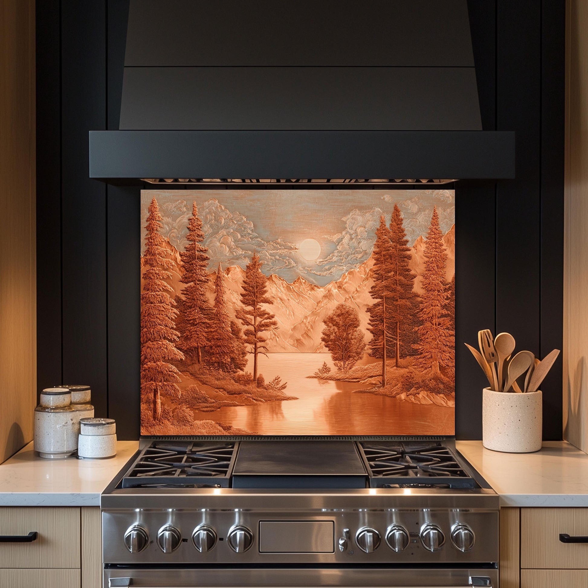 Tempered Glass Mountain & Deer Backsplash: Rustic Kitchen Decor