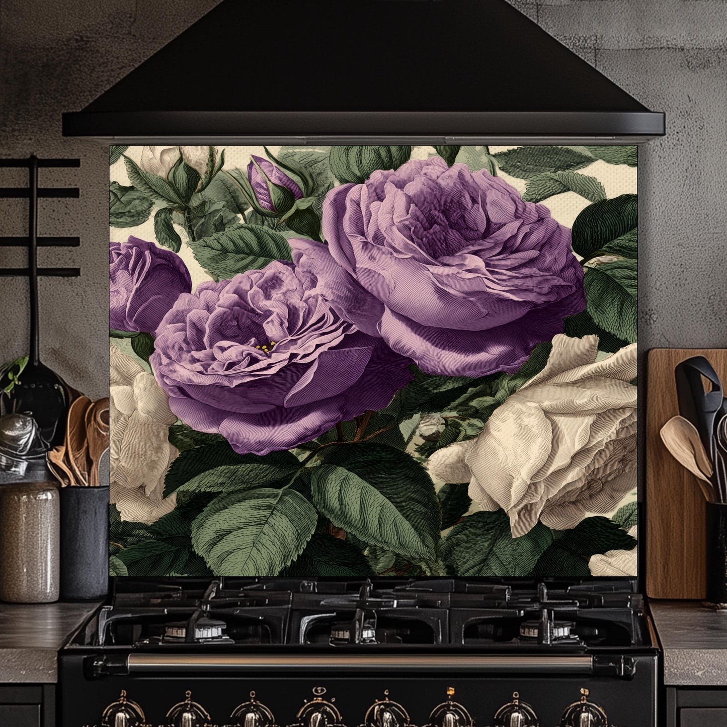 Vintage Purple Roses Glass Kitchen Backsplash - Botanical Floral Wall Art