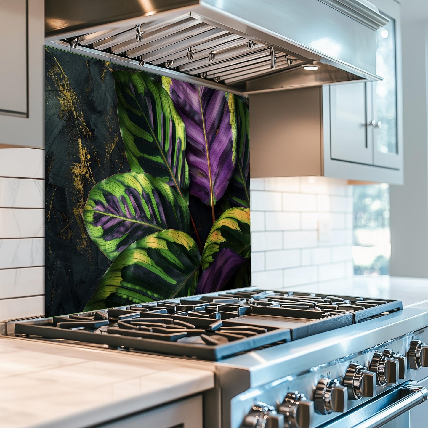 Tropical Calathea Leaf Glass Backsplash, Exotic Botanical Stove Guard, Heat Resistant Kitchen Art