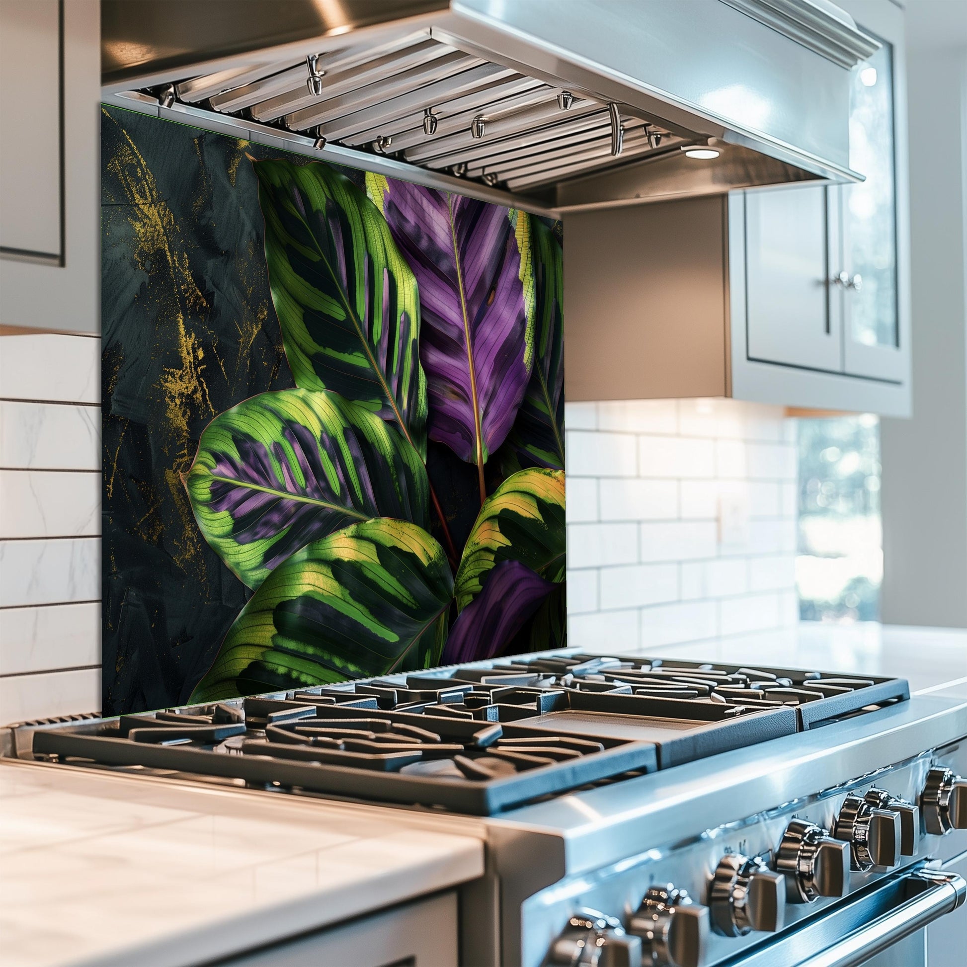 Tropical Calathea Leaf Glass Backsplash, Exotic Botanical Stove Guard, Heat Resistant Kitchen Art