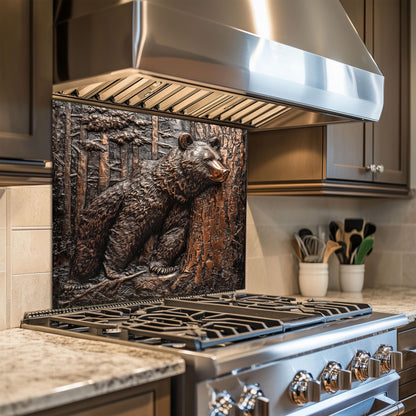 rustic wildlife bear kitchen backsplash on tempered glass