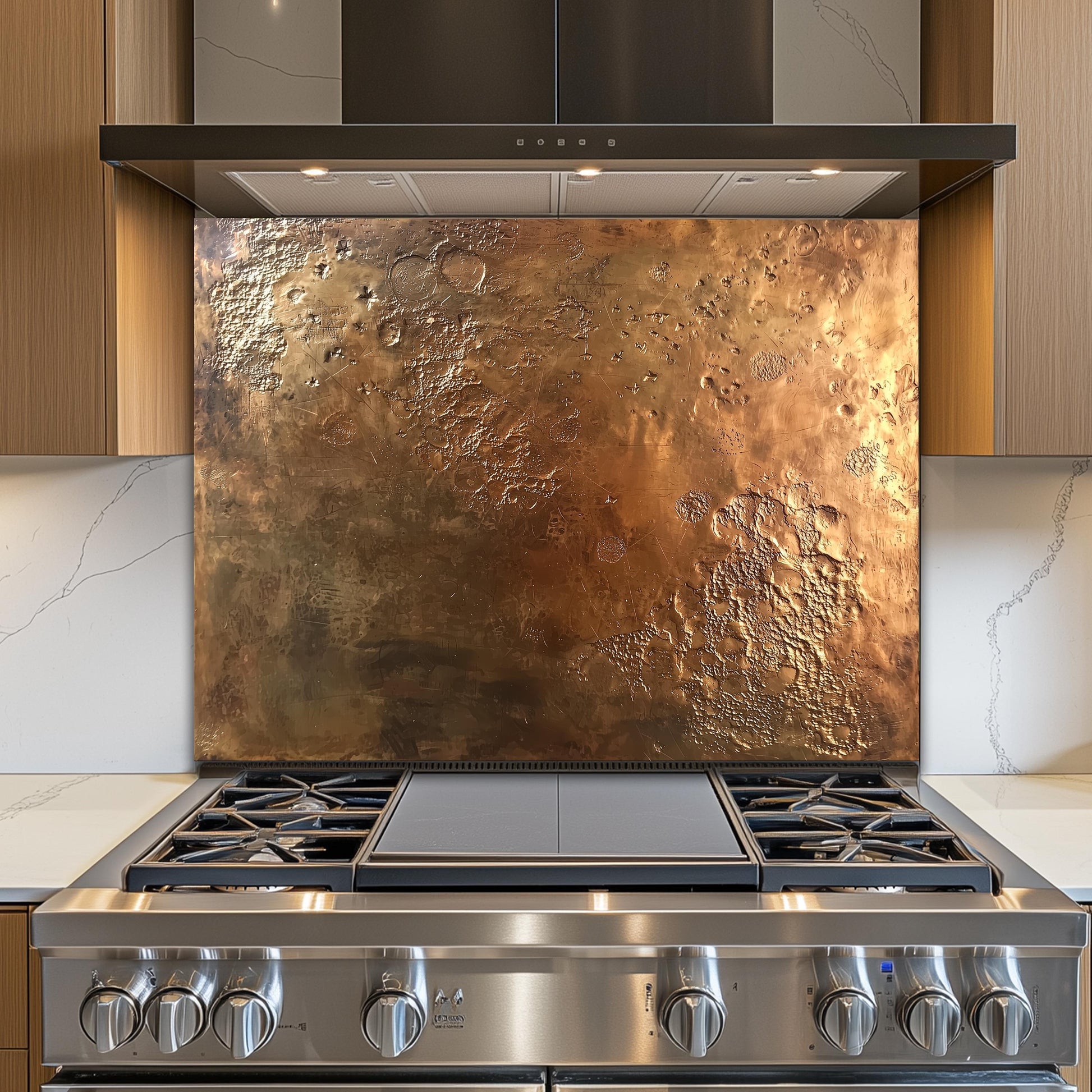 Textured Copper-Effect Glass Backsplash: Rustic Kitchen Decor