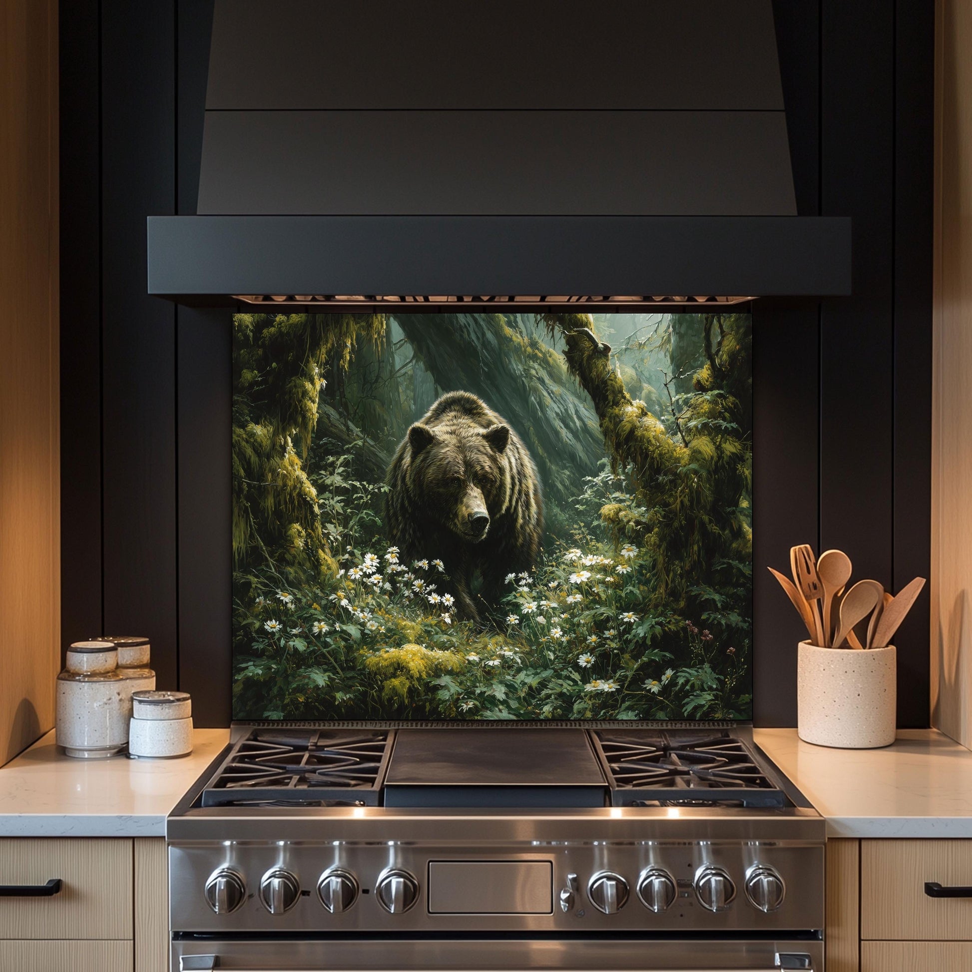 Copper Bear Backsplash: Hand-Embossed Tempered Glass, Rustic Cabin Kitchen