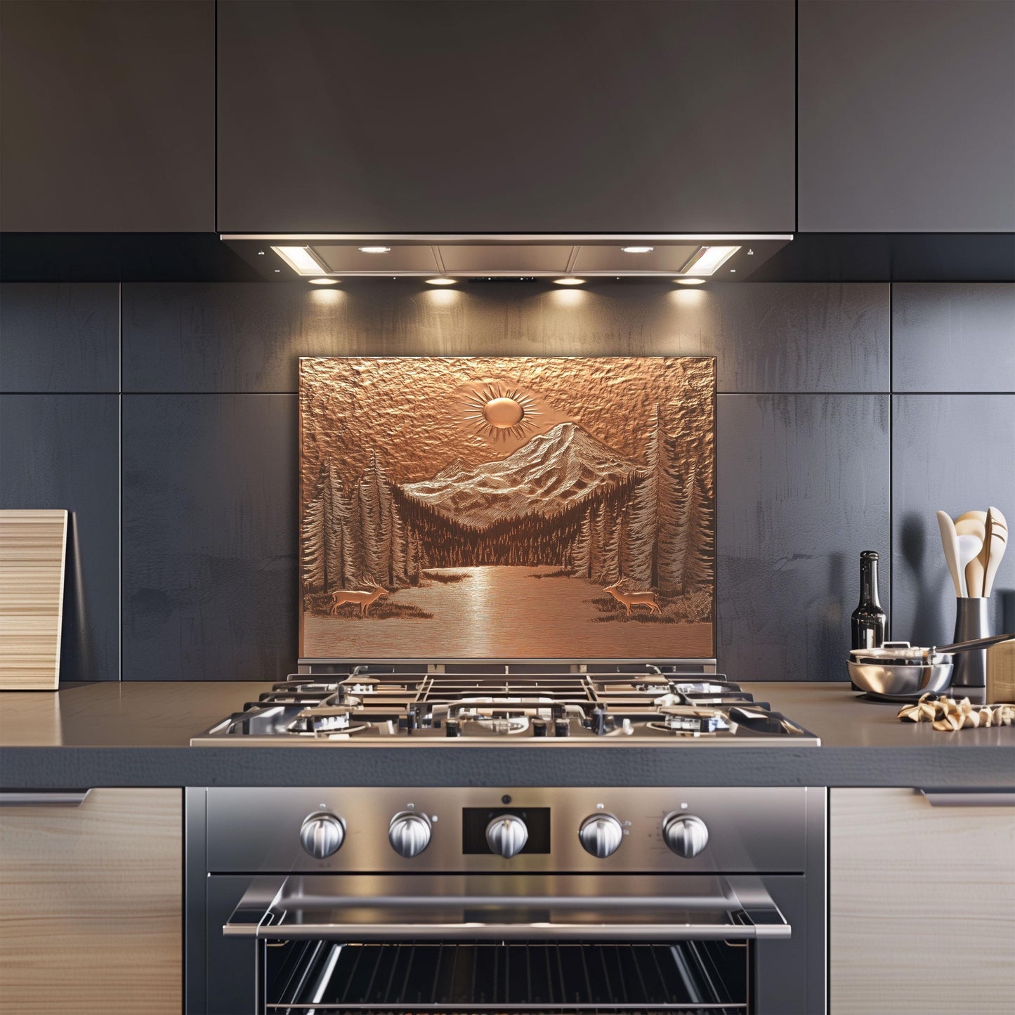 Copper mountain kitchen backsplash, heat-resistant tempered glass, nature-inspired kitchen wall protector, rustic decor, easy clean wall protector, stove protector, kitchen art