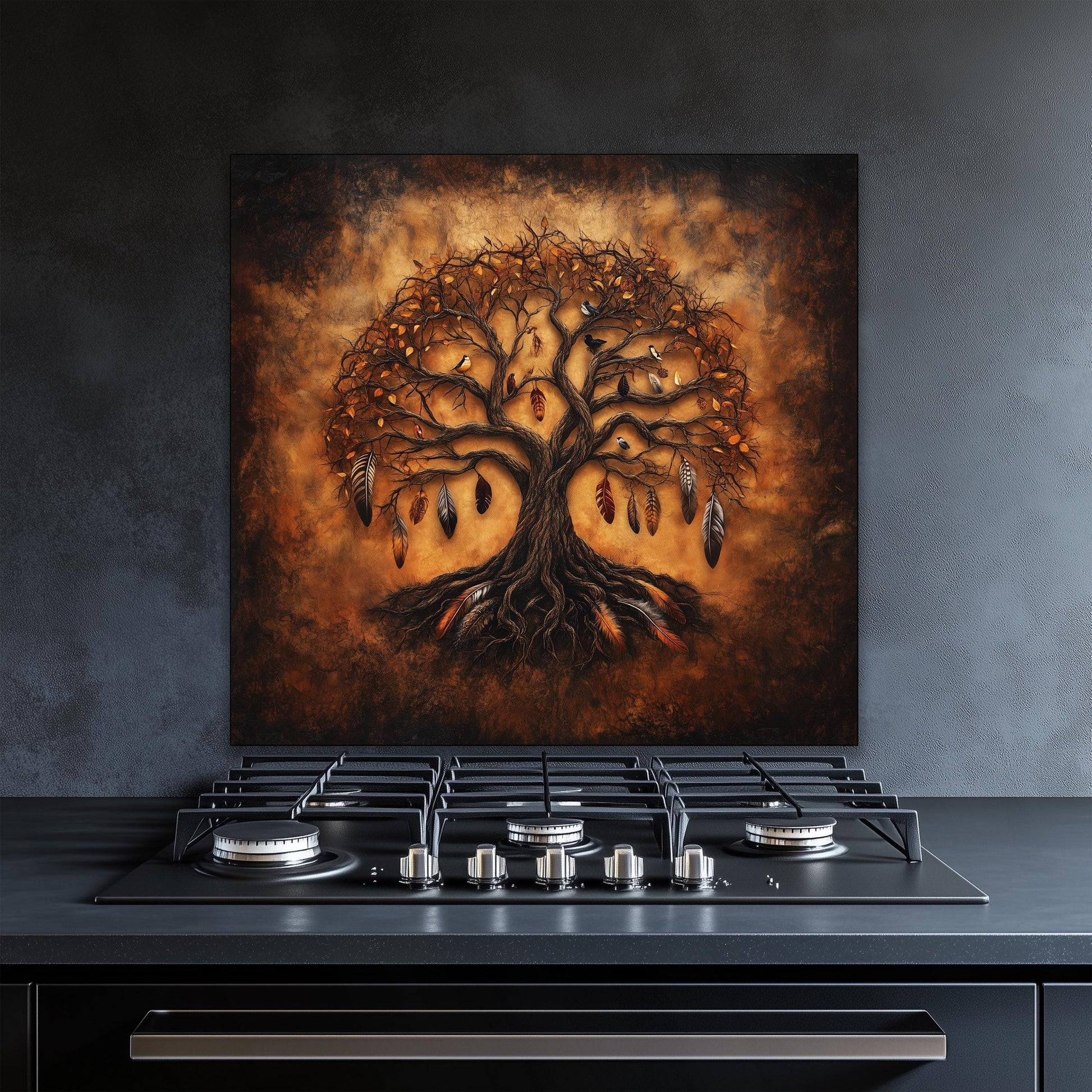 Tempered glass stove backsplash, bohemian tree of life design, heat-resistant splashback, easy clean wall protector, modern kitchen decor, artistic wall art, unique backsplash, feather accents
