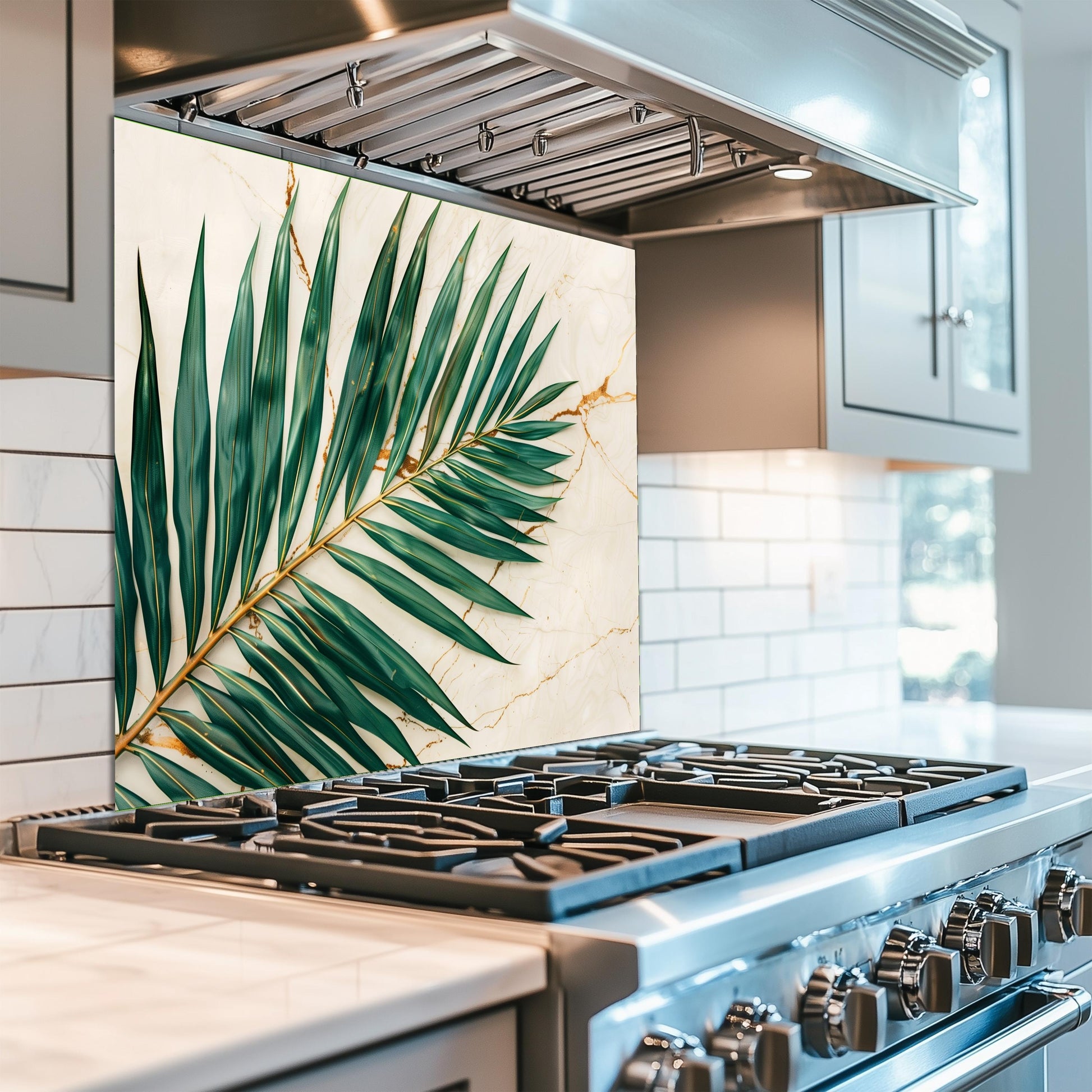 Tropical Palm Leaf Marble Glass Backsplash – Gold Vein Kitchen Wall Panel