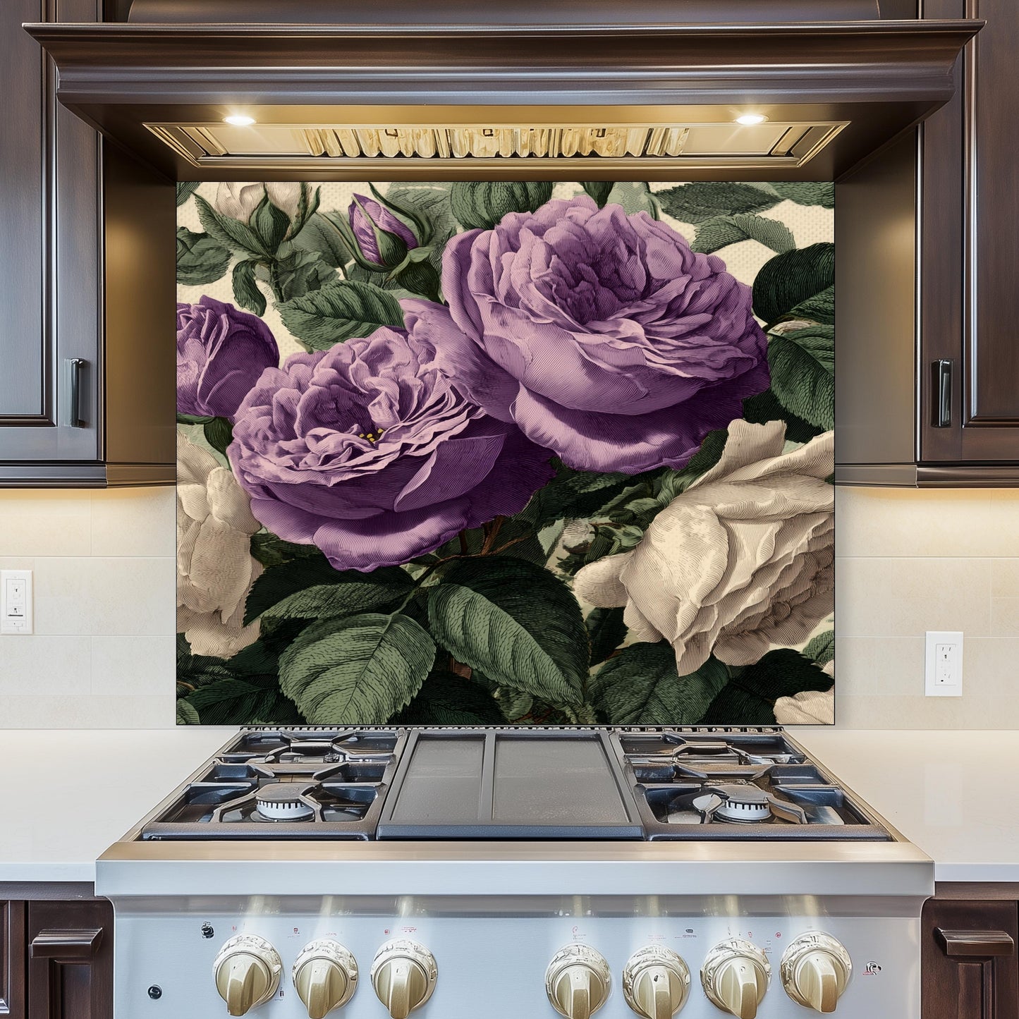 Vintage Purple Roses Glass Kitchen Backsplash - Botanical Floral Wall Art