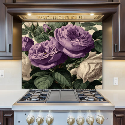 Vintage Purple Roses Glass Kitchen Backsplash - Botanical Floral Wall Art